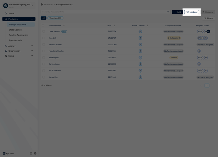 screenshot of producer lookup